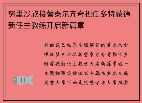 努里沙欣接替泰尔齐奇担任多特蒙德新任主教练开启新篇章